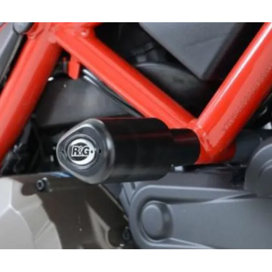 Черен краш тап R&G Aero монтиран на червена тръбна рама на Ducati Multistrada 1200 с видима сменяема капачка с лого