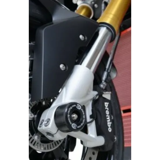 Черни краш тапи R&G Racing монтирани на оста на предното колело на BMW S1000XR до син спирачен апарат Brembo