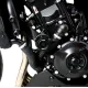 Черни краш тапи R&G Racing монтирани на двигател Honda CB1000 Hornet - цилиндричен амортисьор с бяло лого R&G, изглед от три