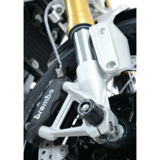 Черна краш тапа R&G Racing монтирана на оста на предна вилка на BMW R Nine-T до Brembo спирачен апарат