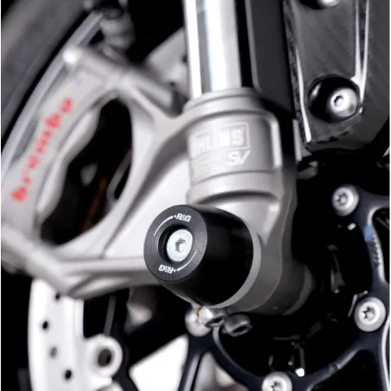 Черни краш тапи R&G Racing монтирани на оста на предното колело на Triumph Speed Triple с вилки Öhlins SV и спирачен апарат