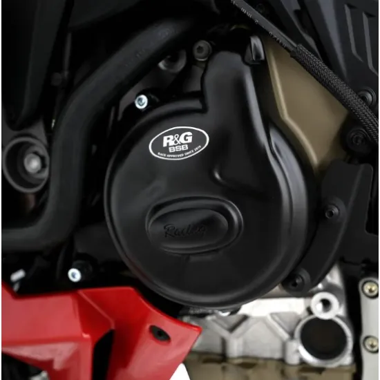Черен протектор R&G Racing за двигател, монтиран на Ducati Panigale V4 - матово покритие, сменяем централен диск и BSB лого