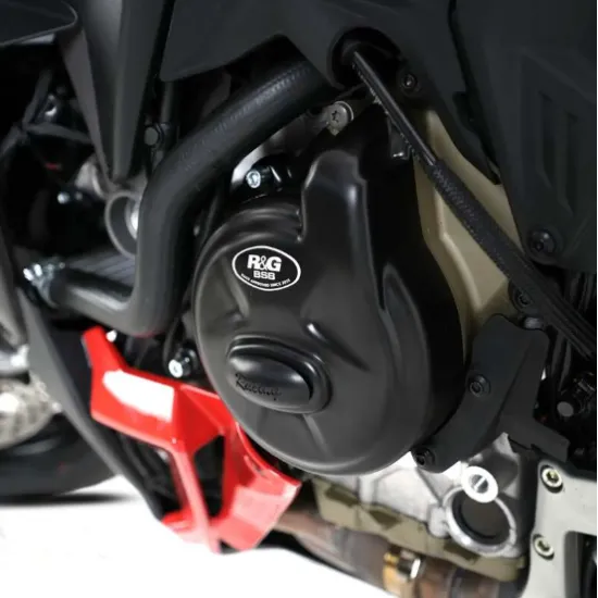 Черен протектор R&G Racing за двигател, монтиран на Ducati Panigale V4 - матово покритие, сменяем централен диск и BSB лого