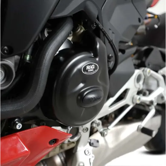 Черен протектор R&G Racing за двигател, монтиран на Ducati Panigale V4 - матово покритие, сменяем централен диск и BSB лого