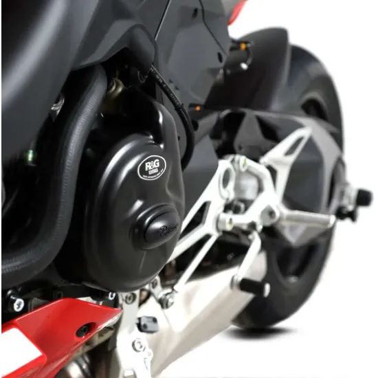 Черен протектор R&G Racing за двигател, монтиран на Ducati Panigale V4 - матово покритие, сменяем централен диск и BSB лого