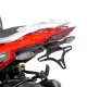 Черна стойка за номер R&G Racing монтирана на червен Moto Morini 650 X-Cape, видими LED мигачи и компактен носач под задния