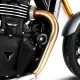 Черни краш тапи R&G Racing Aero монтирани в рамката на Triumph Speed 400 до бронзовата изпускателна тръба