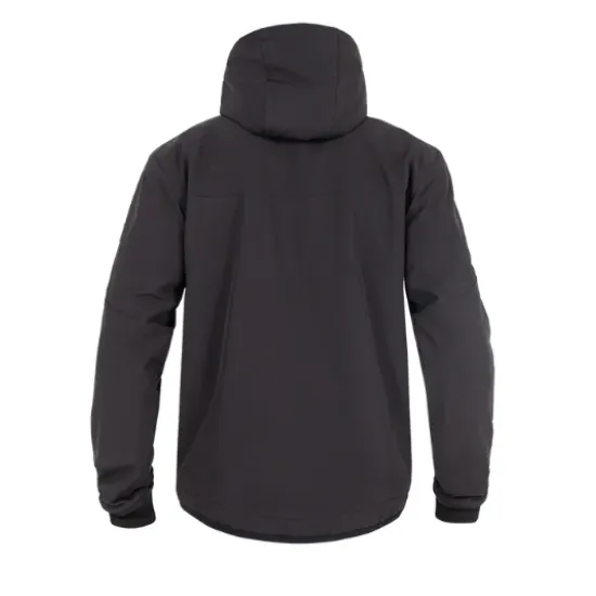 Черно мото яке John Doe Hood XTM V3 с качулка, преден цип YKK и странични джобове с ципове - изглед отпред, отзад и при