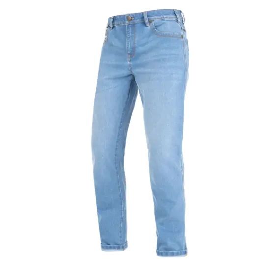 Светлосини мото дънки John Doe Pioneer Mono с slim-fit кройка, пет джоба и завит подгъв, носени с черна тениска и бели