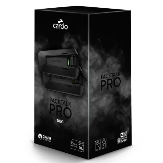 Черна опаковка на CARDO PACKTALK PRO DUO с две интерком единици с матов черен цвят и зелени акценти