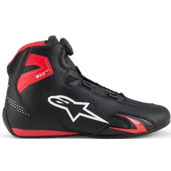 Черни мото боти Alpinestars Celer с червени акценти, Rotor система за затваряне, бяла звезда лого и текстурирана гумена подметка