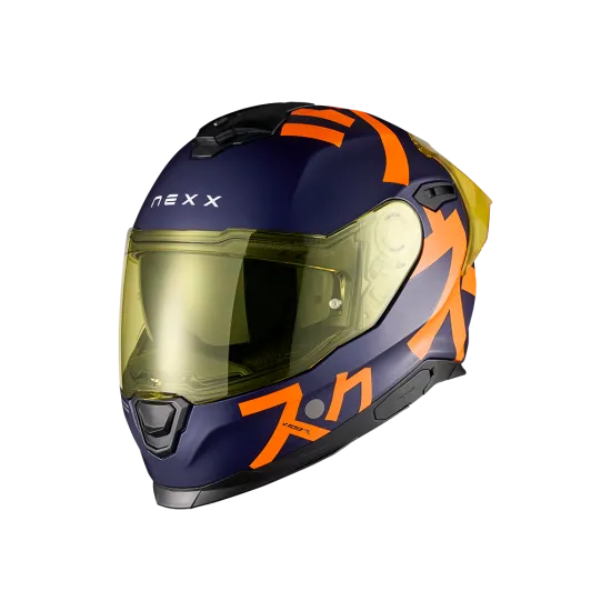 Синя модулна мото каска NEXX Y100R с оранжеви акценти, жълт фотохромен визьор и вградено слънчево стъкло