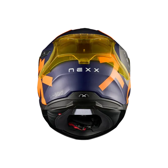 Синя модулна мото каска NEXX Y100R с оранжеви акценти, жълт фотохромен визьор и вградено слънчево стъкло
