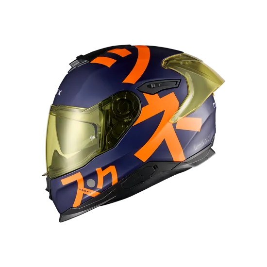 Синя модулна мото каска NEXX Y100R с оранжеви акценти, жълт фотохромен визьор и вградено слънчево стъкло
