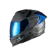 Сива мото каска NEXX Y100R Nippon с лъскав финиш, син антирефлексен визьор, вентилационни отвори отгоре и встрани, видими логота NEXX и модерен агресивен дизайн