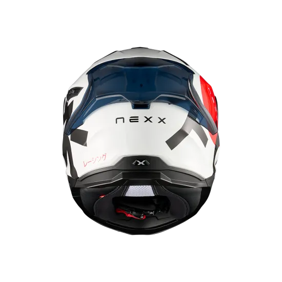 Бяла мото каска NEXX Y100R Nippon White с черни графични елементи, тъмно визьор и японско-инспириран дизайн, показана отстрани