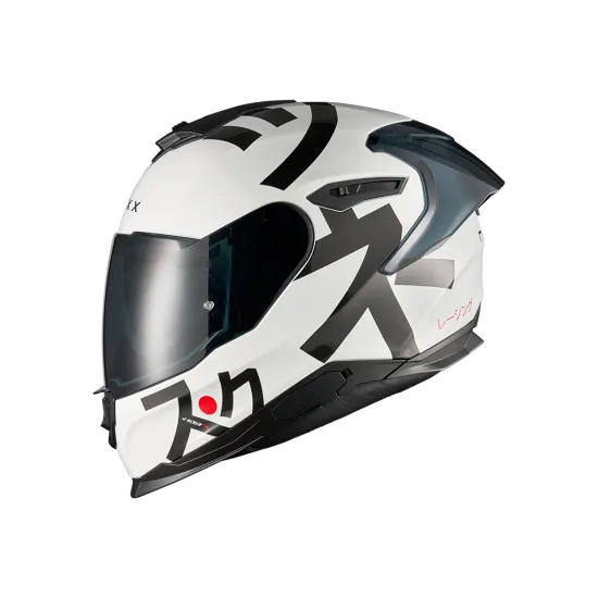 Бяла мото каска NEXX Y100R Nippon White с черни графични елементи, тъмно визьор и японско-инспириран дизайн, показана отстрани