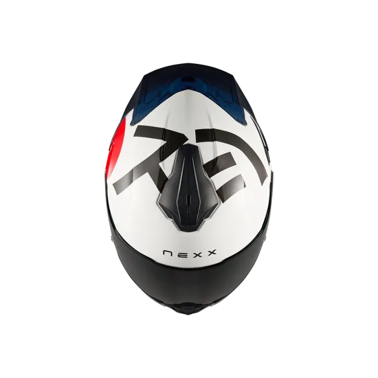Бяла мото каска NEXX Y100R Nippon White с черни графични елементи, тъмно визьор и японско-инспириран дизайн, показана отстрани