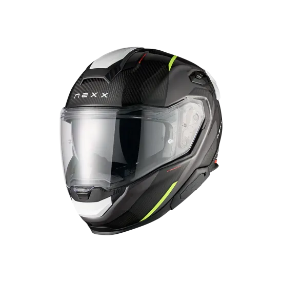 Черна мото каска NEXX X.TR Rush с карбонови панели, неон зелени акценти, бели детайли, прозрачен визьор и вентилационни отвори