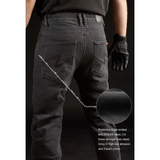 Черни slim fit мото дънки Pando Moto Boss Dyn 01 с мрежести BALISTEX панели на бедрата и светлоотразителна лента на подгъва