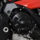 Черни протектори за двигател R&G Racing монтирани на BMW S1000XR, показващи защита на водната помпа, генератора и съединителя с характерното бяло лого на марката