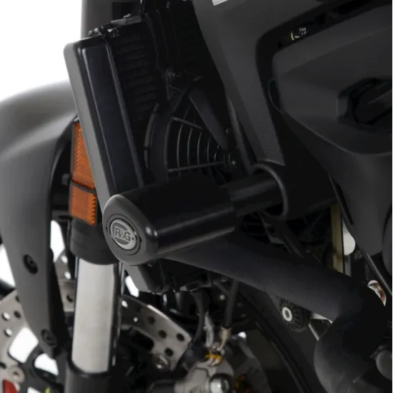 Черни краш тапи R&G Racing Aero с капковидна форма, монтирани на Ducati Monster 950, показващи металните крепежи и подвижната капачка с лого