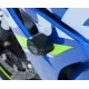 Черни R&G Racing Aero краш тапи монтирани на синьо-бяла Suzuki GSX-R1000 с видими подвижни капачки и лого
