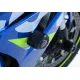 Черни R&G Racing Aero краш тапи монтирани на синьо-бяла Suzuki GSX-R1000 с видими подвижни капачки и лого