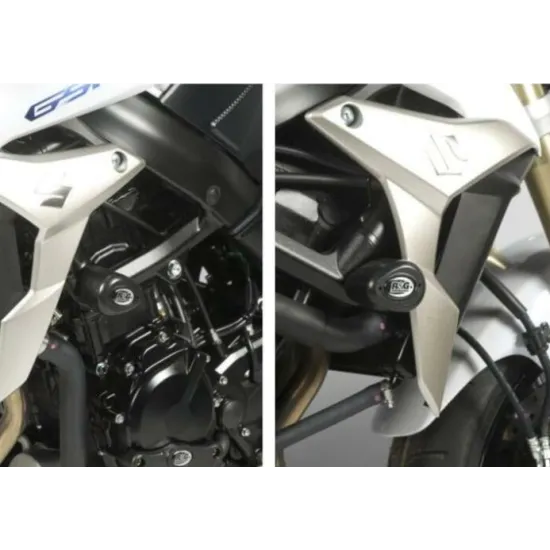 Черни краш тапи R&G Aero монтирани на Suzuki GSR 750 от двете страни на двигателния блок, изглед отляво и отдясно