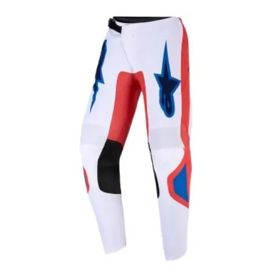 Детски мотокрос брич Alpinestars Fluid Grid в бяло с червени и сини графики, черни подсилени колянни панели от синтетична