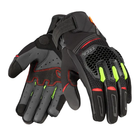 Текстилни мото ръкавици SECA Gravel Black Red Fluo Yellow с D3O защита