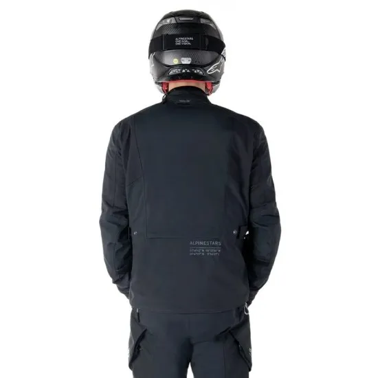 Черно текстилно мото яке Alpinestars ST-7 Prime Gore-Tex - изглед отпред, отстрани и отзад с лого и координатен надпис