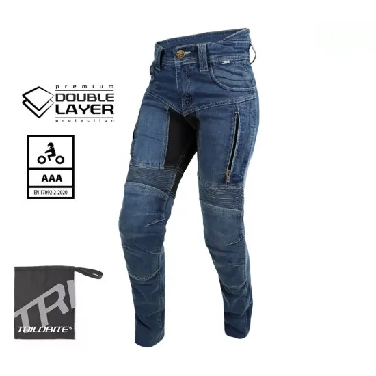 Дамски сини мото дънки Trilobite Parado Double Layer Slim Fit с хоризонтални ребра на коленете, вентилационни джобове с цип