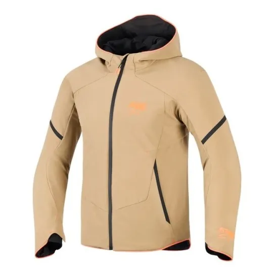 Alpinestars Aeroshell WP мото яке в khaki цвят с оранжеви акценти, черна ципа и качулка с оранжева подплата