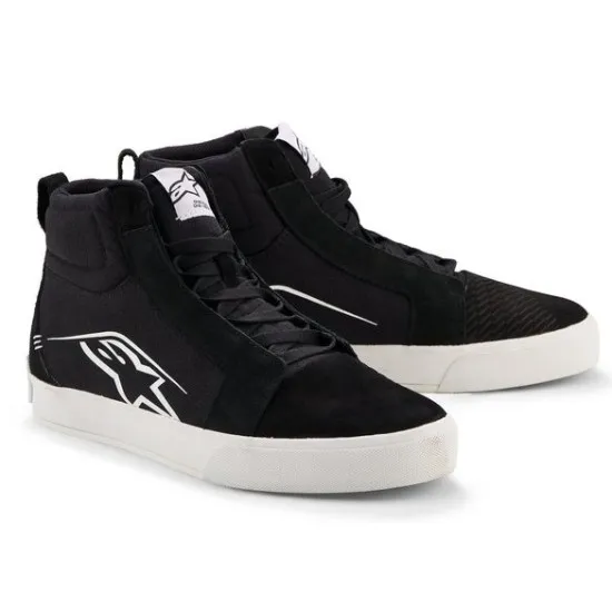 Черни високи мото кецове Alpinestars Ride-63 Canvas с бяло лого на глезена, нубукова носна секция и бяла вулканизирана