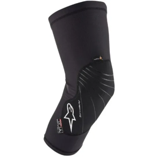 Черна наколенка Alpinestars Paragon Lite с мрежеста дишаща тъкан, диагонална текстура на предния панел и бяло лого на