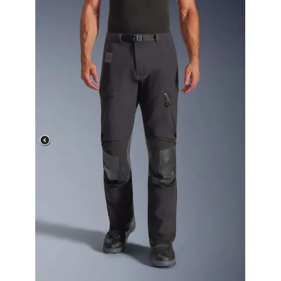 Тъмносив текстилен мото панталон Alpinestars Halo PRO с PU подсилвания на коленете, козя кожа и червени акценти, видяни