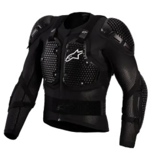 Черна мото ризница Alpinestars Bionic Action V3 с хексагонална перфорирана мрежа и сиви A-Morph протектори на рамене и лакти