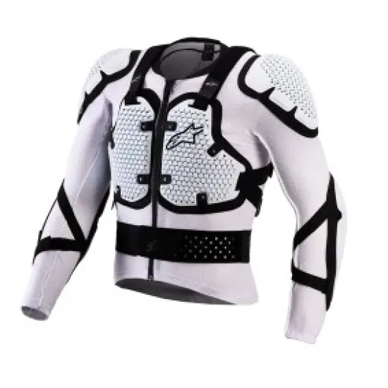 Бяла мото ризница Alpinestars Bionic Action V3 с черни структурни елементи, шестоъгълни перфорации и интегрирани протектори