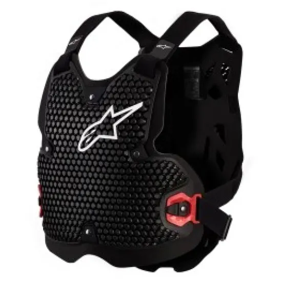 Черен мотокрос протектор Alpinestars Bionic Action V2 с шестоъгълна перфорация, бяло лого и червени странични протектори