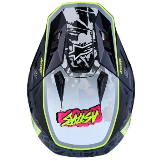 Alpinestars SM7 Blaster мотокрос каска в черно и сиво с флуоресцентно жълто-зелени и розови акценти, лого с едноокото цвете