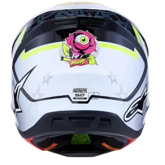 Alpinestars SM7 Blaster мотокрос каска в черно и сиво с флуоресцентно жълто-зелени и розови акценти, лого с едноокото цвете