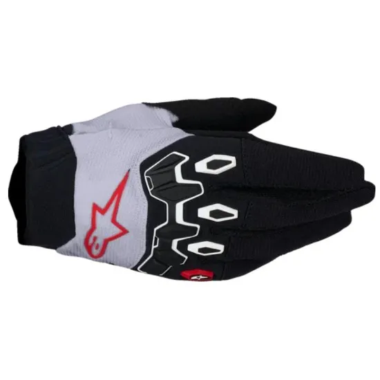 Alpinestars Full Bore V2 мотокрос ръкавица в черно и бяло с червено лого и твърди протектори на кокалчетата