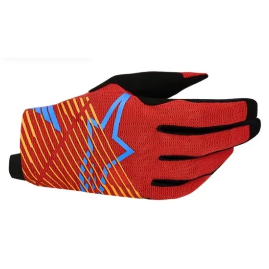 Alpinestars Radar Pro мотокрос ръкавици в червено и оранжево с сини графични акценти, черни върхове на пръстите и силиконово