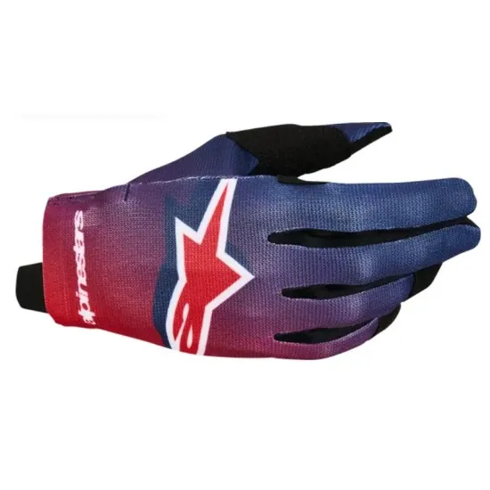 Alpinestars Radar мотокрос ръкавица в градиент тъмносиньо-червено с бяло лого звезда и черни подсилвания на пръстите