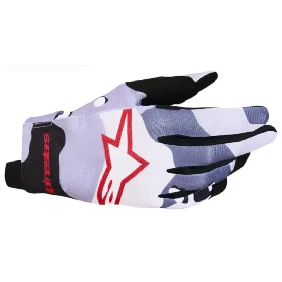 Alpinestars Radar мотокрос ръкавици в сиво-бял камуфлаж с червено лого и черни подсилени върхове на пръстите