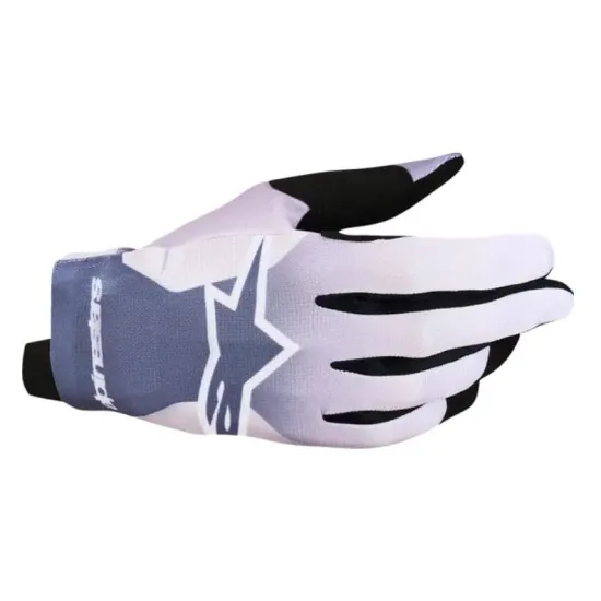 Alpinestars Radar мотокрос ръкавици в сиво, бяло и черно с логото на марката на гърба и черни подсилвания по пръстите