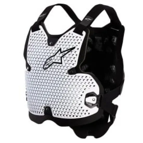 Бяло-черна протекторна броня Alpinestars Bionic Action V2 с перфорирана мрежеста основа и черни странични рамки, лого