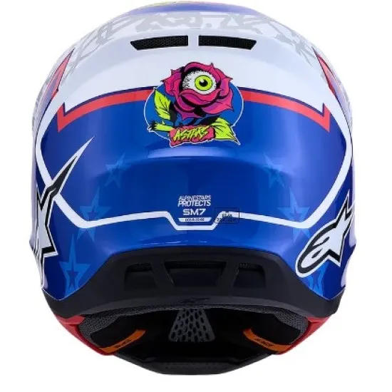 Alpinestars SM7 Blaster мотокрос каска в бяло, синьо и червено с Workswell лого, агресивна козирка и вентилационни отвори