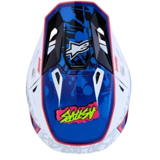 Alpinestars SM7 Blaster мотокрос каска в бяло, синьо и червено с Workswell лого, агресивна козирка и вентилационни отвори